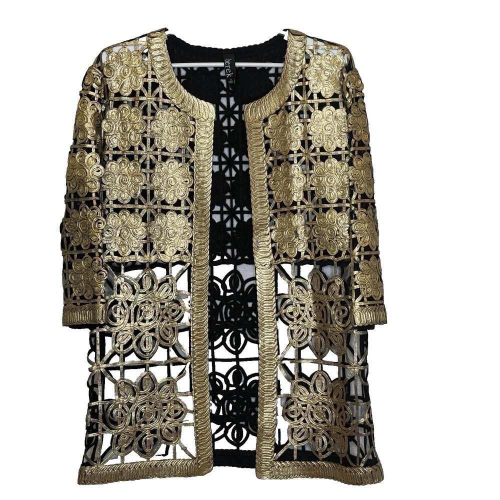 Vintage Berek‎ Gold/Black Foil Coatigan Tunic Jacket Cardigan Women's Size Small